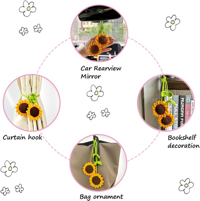 Refintural 2 Pieces Handmade Sunflower Car Accessories Sunflower Pendants Car Mirror Hanging Accessories - Image 2